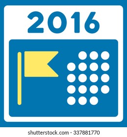 2016 Holiday Appointment vector icon. Style is bicolor flat symbol, yellow and white colors, rounded angles, blue background.