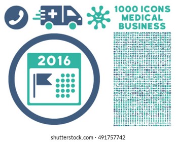 2016 Holiday Calendar icon with 1000 medical business cobalt and cyan vector pictographs. Set style is flat bicolor symbols, white background.
