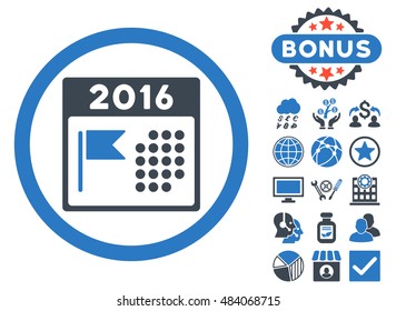 2016 Holiday Calendar icon with bonus symbols. Vector illustration style is flat iconic bicolor symbols, smooth blue colors, white background.