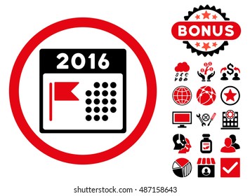 2016 Holiday Calendar icon with bonus pictogram. Vector illustration style is flat iconic bicolor symbols, intensive red and black colors, white background.