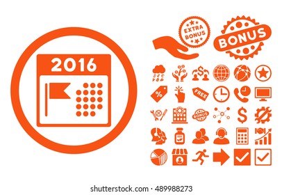 2016 Holiday Calendar icon with bonus design elements. Vector illustration style is flat iconic symbols, orange color, white background.