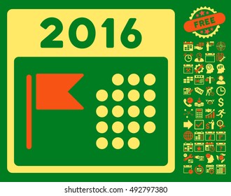 2016 Holiday Calendar icon with bonus calendar and time management icon set. Vector illustration style is flat iconic bicolor symbols, orange and yellow colors, green background.
