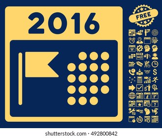 2016 Holiday Calendar icon with bonus calendar and time management symbols. Vector illustration style is flat iconic symbols, yellow color, blue background.