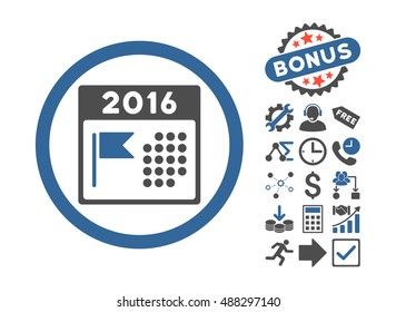 2016 Holiday Calendar pictograph with bonus symbols. Vector illustration style is flat iconic bicolor symbols, cobalt and gray colors, white background.