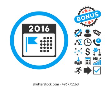 2016 Holiday Calendar pictograph with bonus clip art. Vector illustration style is flat iconic bicolor symbols, blue and gray colors, white background.
