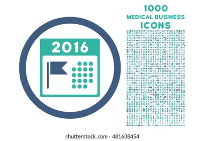 2016 Holiday Calendar rounded vector bicolor icon with 1000 medical business icons. Set style is flat pictograms, cobalt and cyan colors, white background.