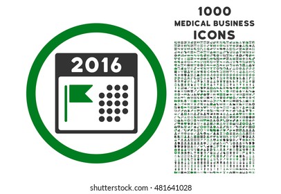 2016 Holiday Calendar rounded vector bicolor icon with 1000 medical business icons. Set style is flat pictograms, green and gray colors, white background.
