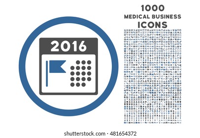 2016 Holiday Calendar rounded vector bicolor icon with 1000 medical business icons. Set style is flat pictograms, cobalt and gray colors, white background.