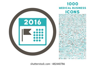 2016 Holiday Calendar rounded vector bicolor icon with 1000 medical business icons. Set style is flat pictograms, grey and cyan colors, white background.