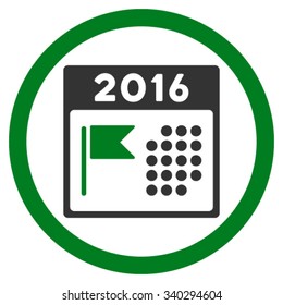 2016 Holiday Organizer vector icon. Style is bicolor flat circled symbol, green and gray colors, rounded angles, white background.