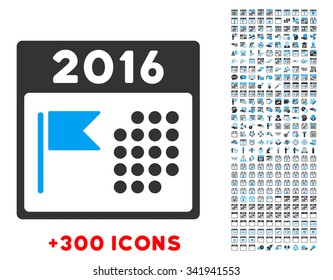 2016 Holiday Organizer vector pictogram with additional 300 date and time management icons. Style is bicolor flat symbols, blue and gray colors, rounded angles, white background.