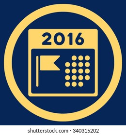 2016 Holiday Syllabus vector icon. Style is flat circled symbol, yellow color, rounded angles, blue background.