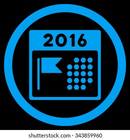 2016 Holiday Syllabus vector icon. Style is flat circled symbol, blue color, rounded angles, black background.
