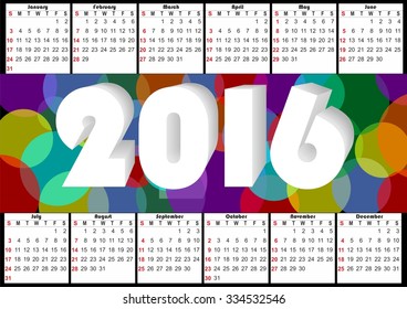 2016 horizontal calendar with rainbow overlapping colorful bubbles
