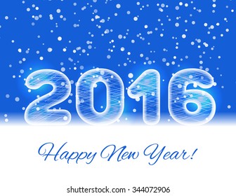 2016 ice text on a blue background with a falling snow. 2016 New year card. New year design template. Vector illustration.