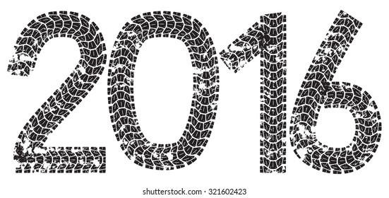 2016 inscription made from motorcycle tire tracks, isolated on white