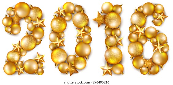 2016 inscription made of shiny Christmas tree balls and stars