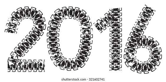 2016 inscription made from tank and tractor tracks, isolated on white