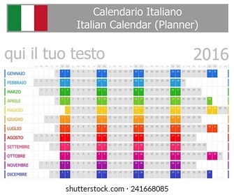 2016 Italian Planner Calendar with Horizontal Months on white background 