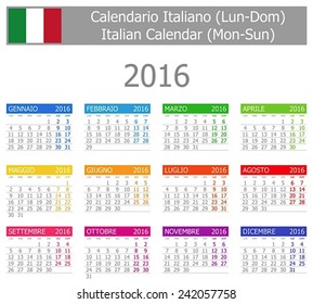 2016 Italian Type-1 Calendar Mon-Sun on white background 