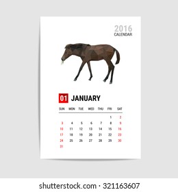 2016 January calendar, horse polygon vector