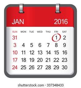 2016 January calendar on white background