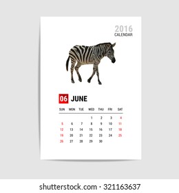 2016 June calendar, zebra polygon vector