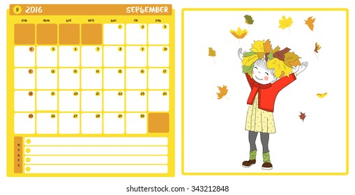 2016 kid calendar with cute girl. Week starts from Sunday. September. Girl throwing leaves.