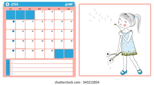 2016 kid calendar with cute girl. Week starts from Sunday June. Girl blowing a dandelion.