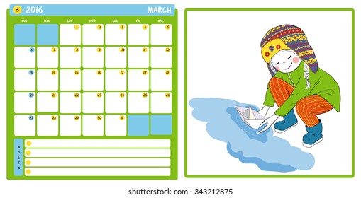 2016 kid calendar with cute girl. Week starts from Sunday March. Girl floating paper boat in a puddle.