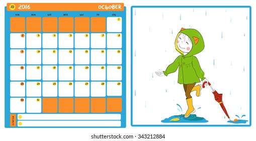 2016 kid calendar with cute girl. Week starts from Sunday October. Girl jumping in puddle.