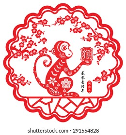 2016 Lunar New Year greeting card / Chinese year of monkey by  Chinese paper cut arts / Monkey year Chinese zodiac symbol /  Chinese small text translation: 2016 Lunar New Year of Monkey 
