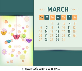 2016 March Calendar Design, Week Starts Sunday