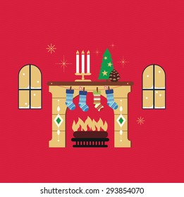 2016 Merry Christmas fireplace red background vector illustration