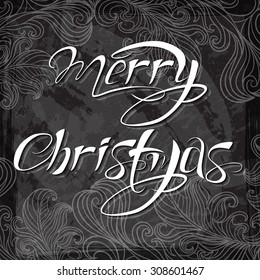 2016 Merry Christmas hand-lettering on a retro black ornate lace textured background. Vector Christmas Calligraphic Inscription. Calligraphic festive label for your design