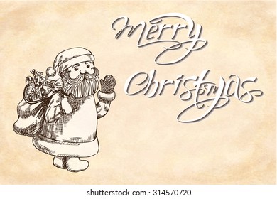 2016 Merry Christmas Hand-Lettering and Santa Claus in sketch style on a horizontal vintage background. Retro festive label for your design. Element for designs invitation, pattern and scrapbooking.