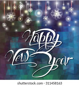 2016 Merry Christmas hand-lettering with snowflakes and balls, bright holiday lightson blue backround. Vector Christmas Calligraphic Inscription. Calligraphic festive label for your design