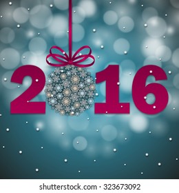 2016 Merry Christmas and Happy New Year design with bauble, bow, ribbon for greeting, gift card, invitation, flyer, poster, cover, brochure. Christmas festive bokeh background. Illustration EPS10.