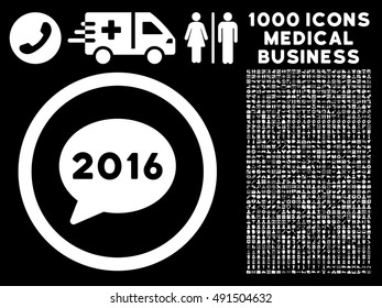 2016 Message icon with 1000 medical commerce white vector design elements. Design style is flat symbols, black background.
