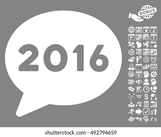 2016 Message icon with bonus calendar and time management graphic icons. Vector illustration style is flat iconic symbols, white color, gray background.