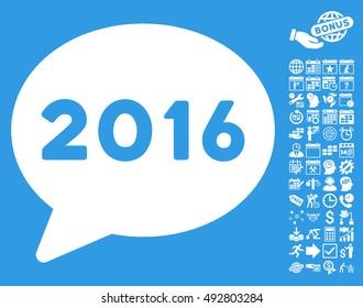 2016 Message icon with bonus calendar and time management images. Vector illustration style is flat iconic symbols, white color, blue background.