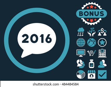 2016 Message icon with bonus pictogram. Vector illustration style is flat iconic bicolor symbols, blue and white colors, dark blue background.