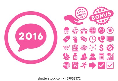 2016 Message icon with bonus pictograph collection. Vector illustration style is flat iconic symbols, pink color, white background.