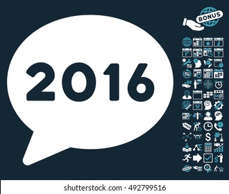 2016 Message pictograph with bonus calendar and time management clip art. Vector illustration style is flat iconic bicolor symbols, blue and white colors, dark blue background.