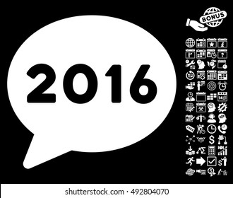 2016 Message pictograph with bonus calendar and time management graphic icons. Vector illustration style is flat iconic symbols, white color, black background.