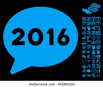 2016 Message pictograph with bonus calendar and time management pictures. Vector illustration style is flat iconic symbols, blue color, black background.