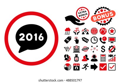 2016 Message pictograph with bonus clip art. Vector illustration style is flat iconic bicolor symbols, intensive red and black colors, white background.