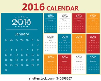 2016 Modern calendar template .Vector/illustration.