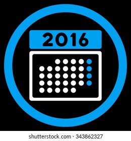 2016 Month Appointment vector icon. Style is bicolor flat circled symbol, blue and white colors, rounded angles, black background.