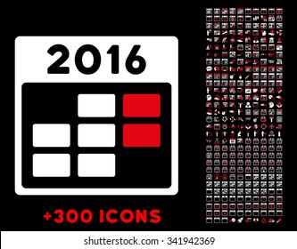 2016 Month Appointment vector pictogram with additional 300 date and time management icons. Style is bicolor flat symbols, red and white colors, rounded angles, black background.
